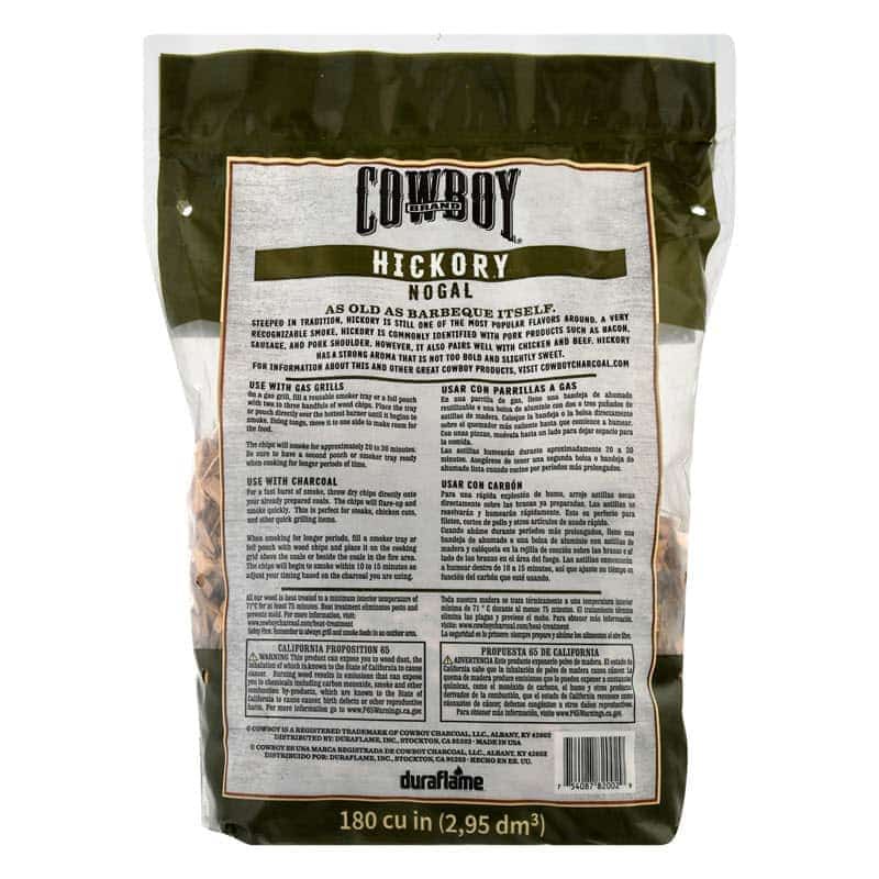 Back of Bag of Cowboy 100% Natural Hickory Wood Chips for smoking