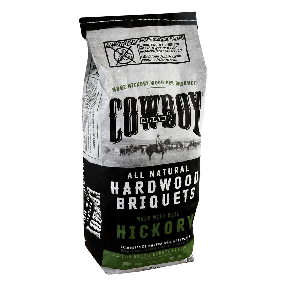 Left facing bag of Cowboy Hickory Hardwood Briquets