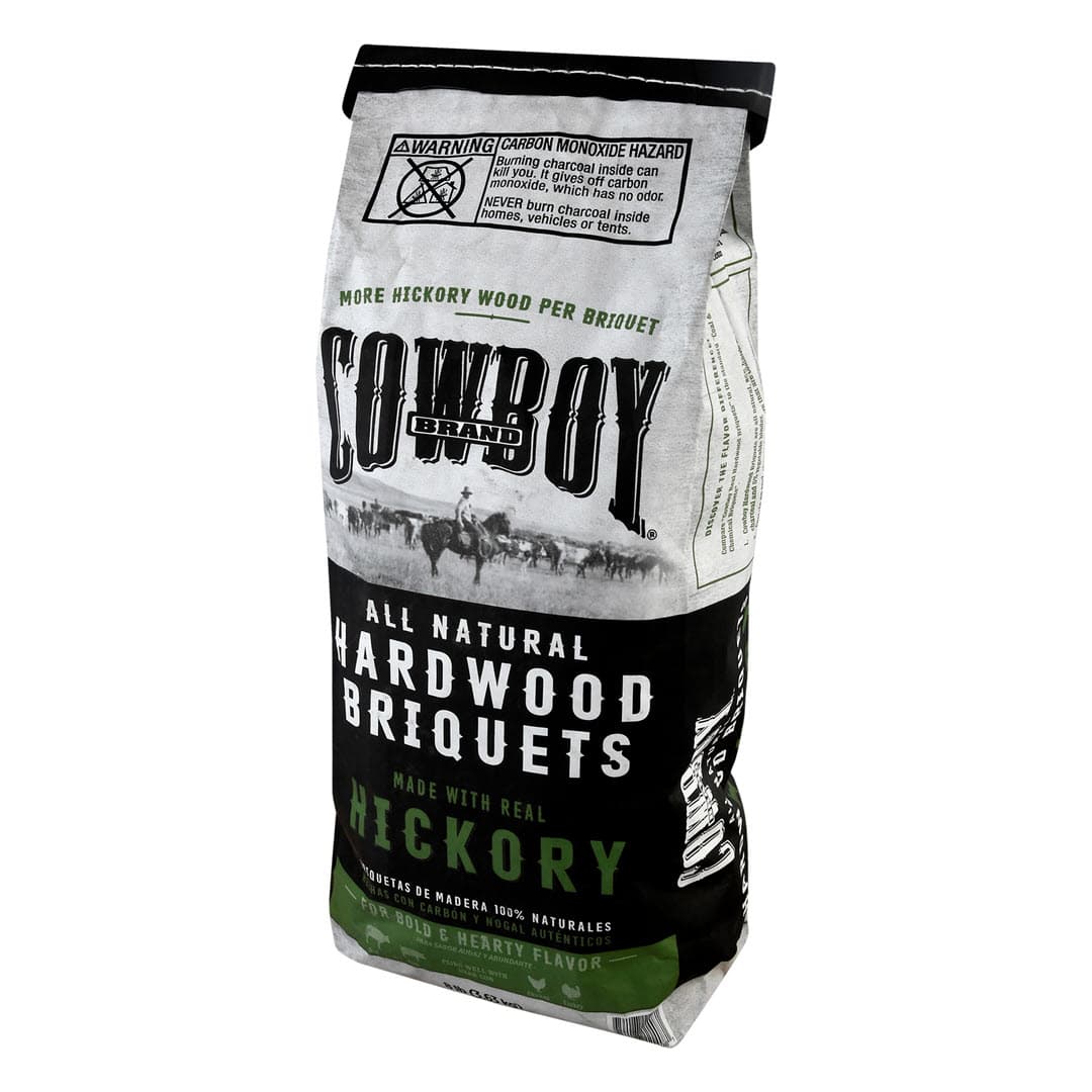 Right facing bag of Cowboy Hickory Hardwood Briquets