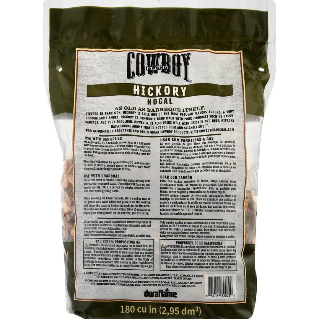 Back of Bag of Cowboy 100% Natural Hickory Smoking Wood Chips