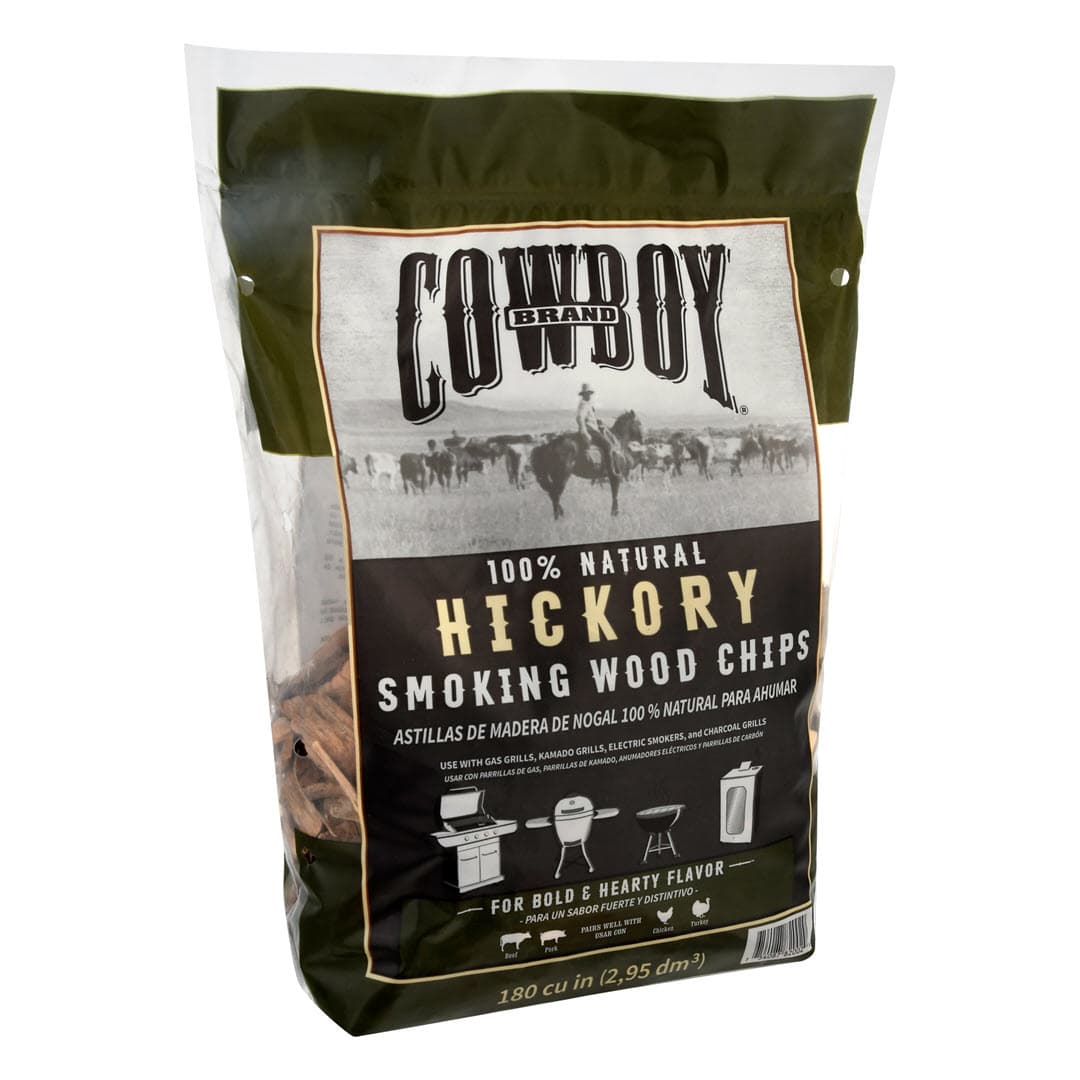 Left Facing Bag of Cowboy 100% Natural Hickory Smoking Wood Chips