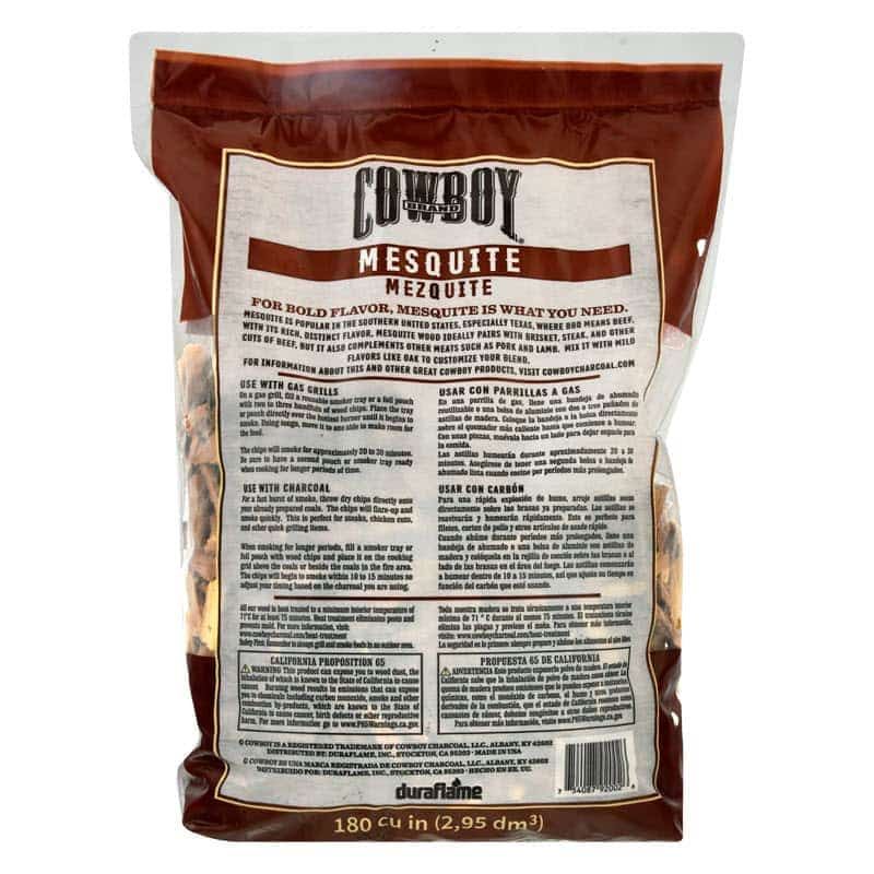 Back of Bag of Cowboy 100% Natural Mesquite Smoking Wood Chips