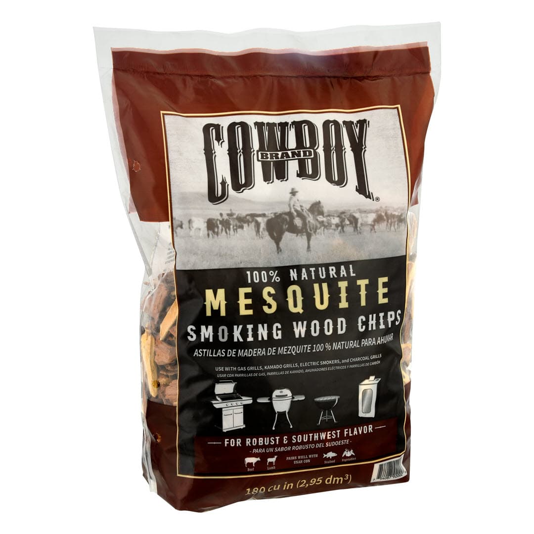 Left Facing Bag of Cowboy 100% Natural Mesquite Smoking Wood Chips