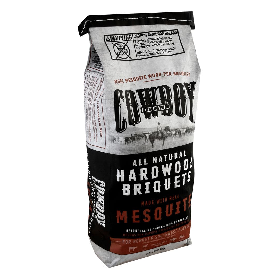 Left facing bag of Cowboy Mesquite Hardwood Briquets