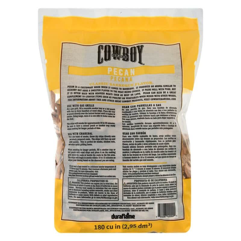 Back of Bag of Cowboy 100% Natural Pecan Smoking Wood Chips