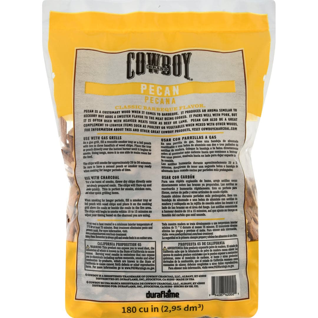 Back of Bag of Cowboy 100% Natural Pecan Smoking Wood Chips