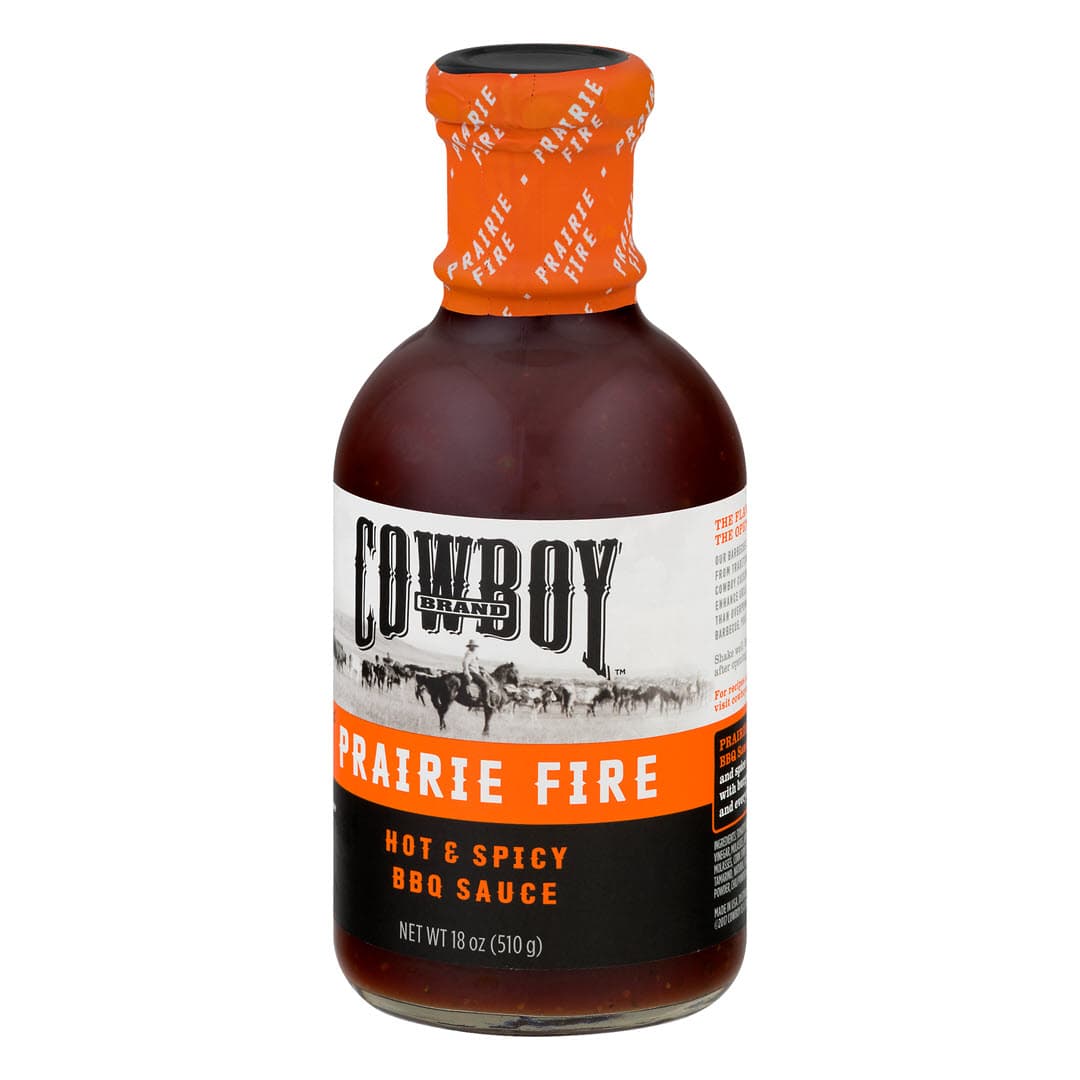 Right facing Bottle of Cowboy Prairie Fire BBQ Sauce