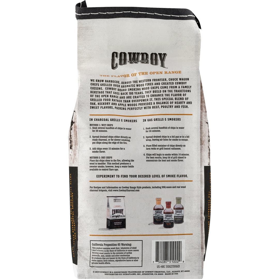 Back of Bag of Cowboy 100% Natural Range Style Smoking Wood Chips