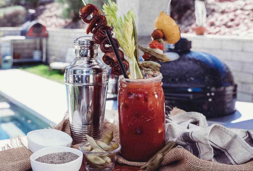Grilled bacon bloody mary with garnishes