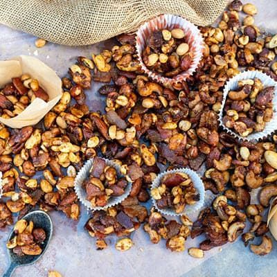 grilled and smoked bacon mixed nuts with bacon