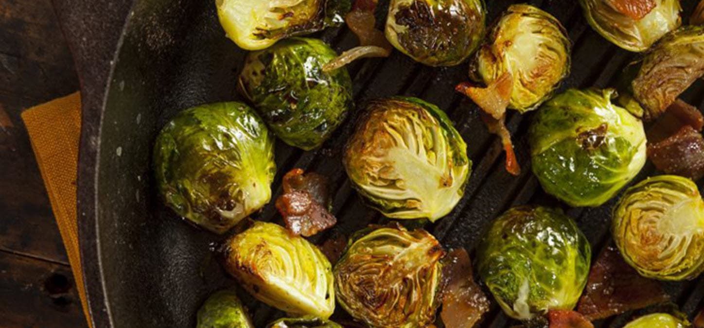 Brussels sprouts and bacon in cast iron pan