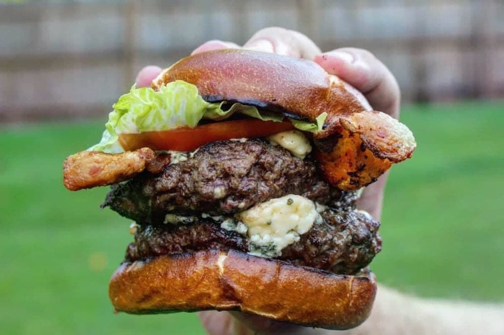 Closeup bleu cheese bacon burger