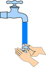 Picture of a water spout pouring out water. The spout is repaired and a person is washing their hands.