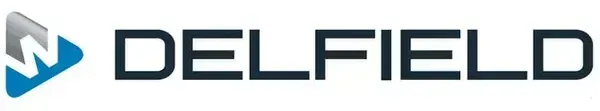 A delfield logo with a blue arrow on a white background