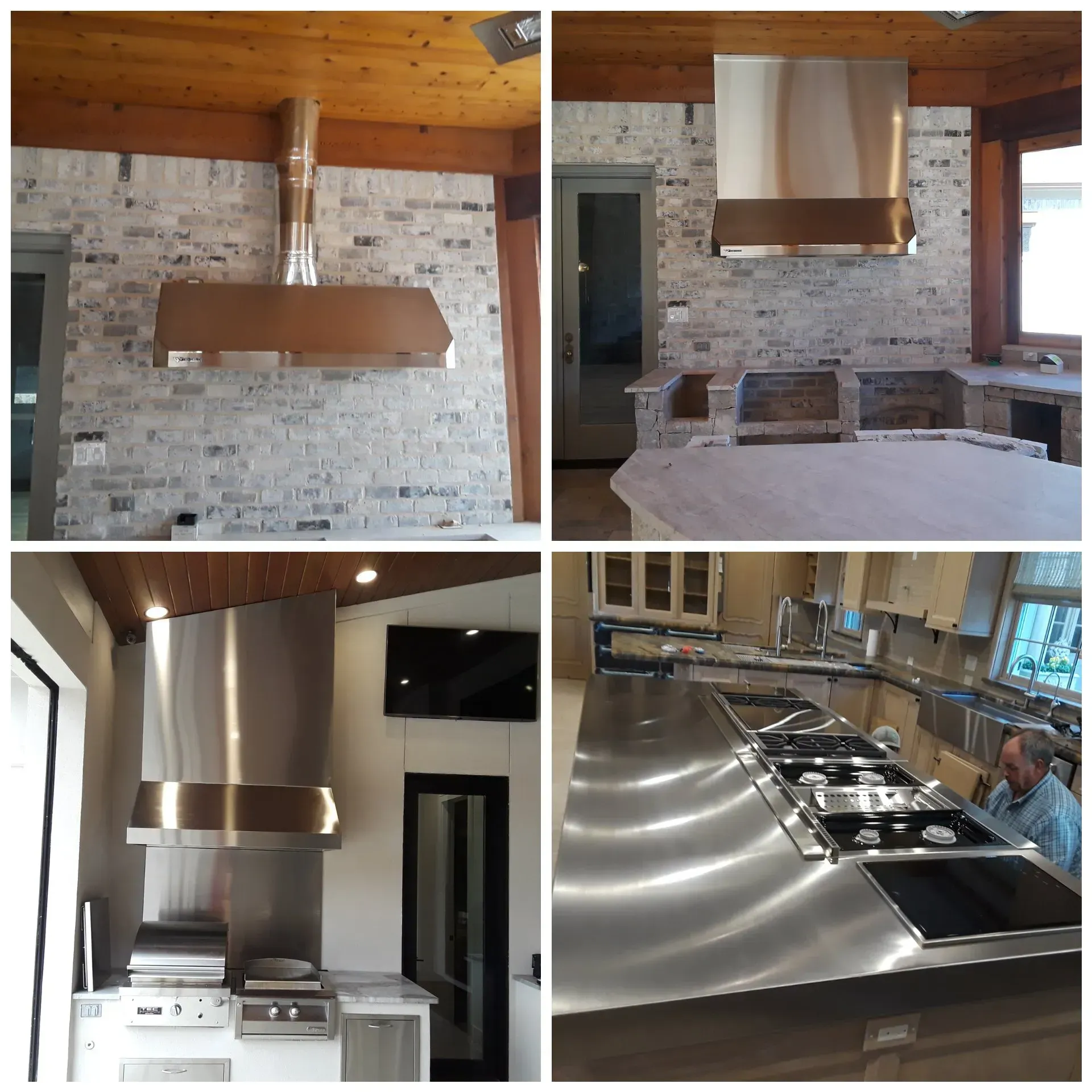Four pictures of a kitchen with stainless steel appliances