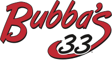 A red and black logo for bubba 's 33 on a white background.