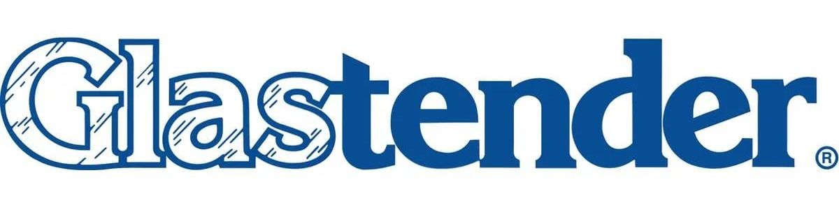 A blue and white logo for glastender on a white background