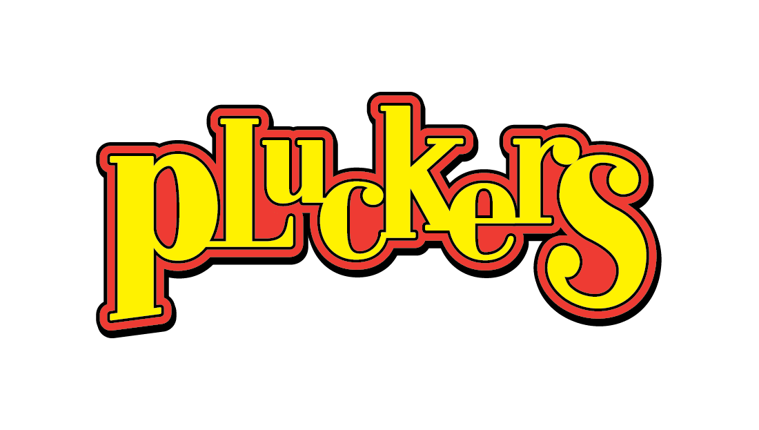 The logo for pluckers is yellow and red on a white background.