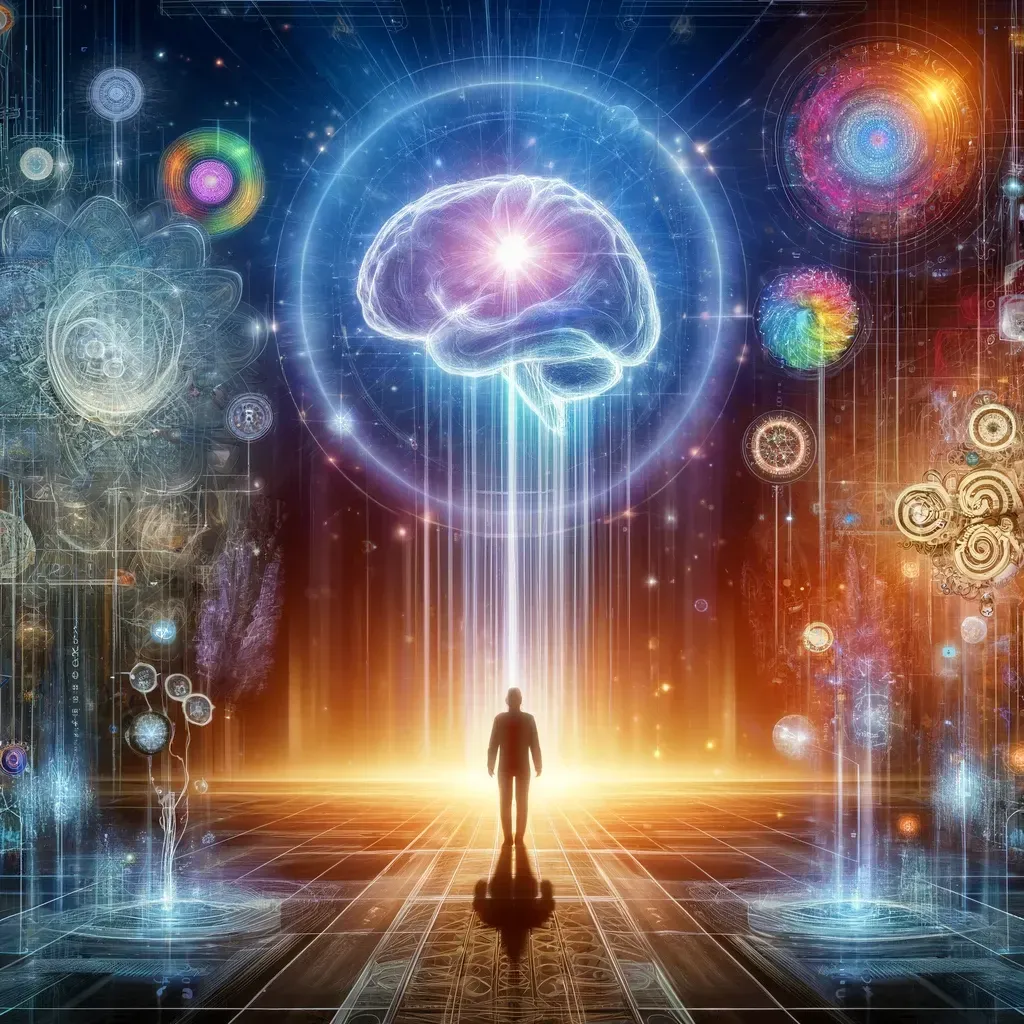 A man is standing in front of a glowing brain that is coming out of the sky.