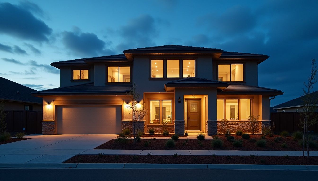 Two-story house at dusk, with lights on inside and outside, a driveway, and dark blue sky.