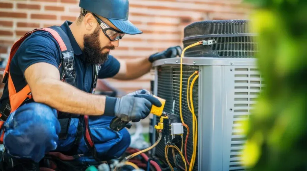 A technician in work gear and safety glasses inspects the electrical components of an outdoor air conditioning unit.