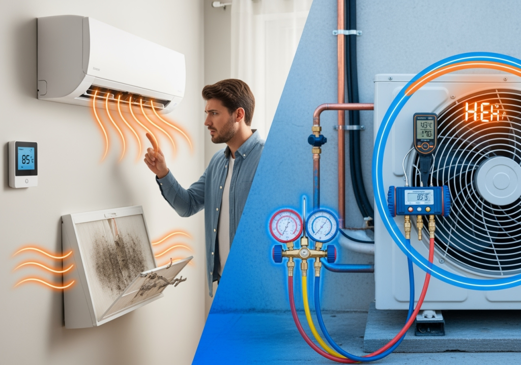 Split view of an indoor air conditioning unit with a dirty filter and an outdoor unit being serviced by a technician.