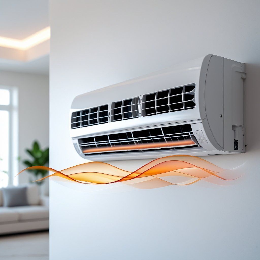 A white wall-mounted air conditioner unit blowing warm air, represented by orange wavy lines, inside a living room.