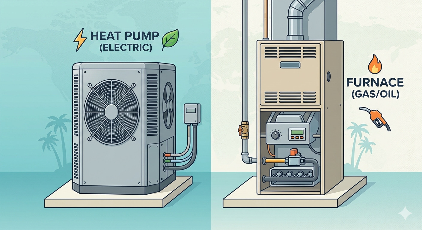 Heat pump electric unit beside gas/oil furnace, comparing two HVAC systems.