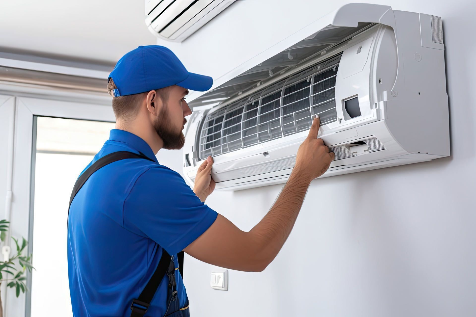 HVAC technician in blue uniform inspecting a wall-mounted air conditioner.