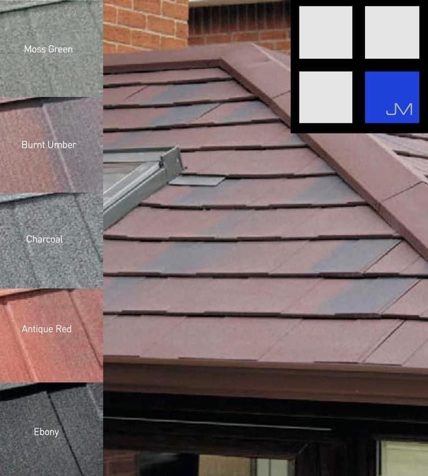 A collage of different colored roof tiles on a house