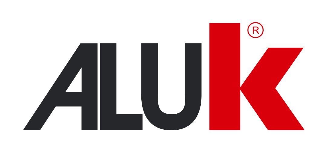 The logo for aluk is black and red on a white background.