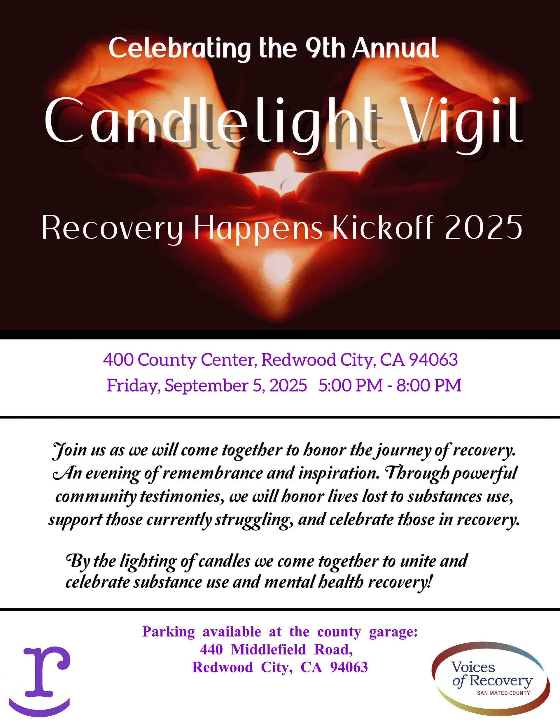 Candlelight vigil flyer. Celebrating recovery kickoff in Redwood City, CA. Hands cupping flame.