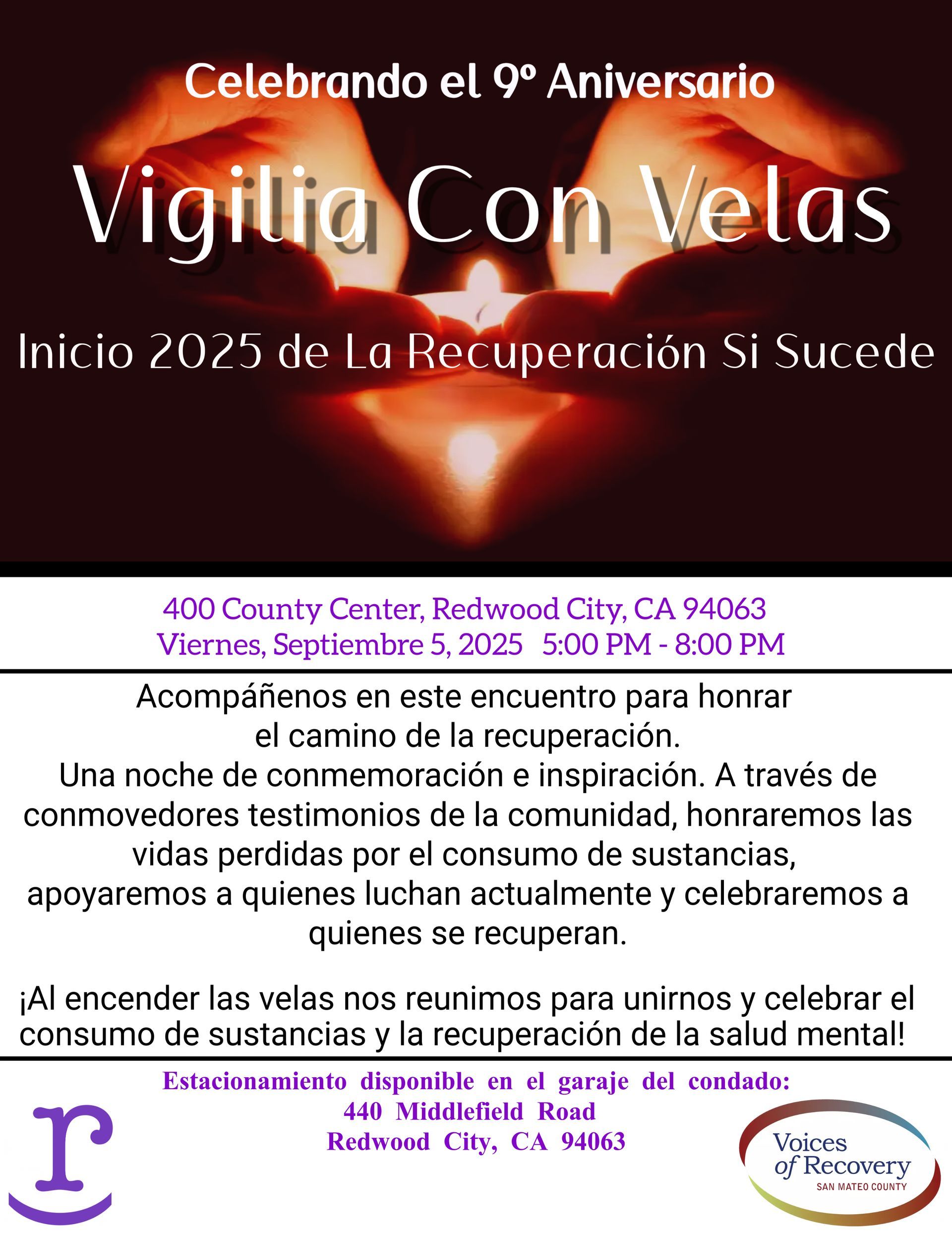 Poster for a candlelit vigil in Holland, CA, celebrating 9 years of recovery. Spanish text, hands holding a candle.