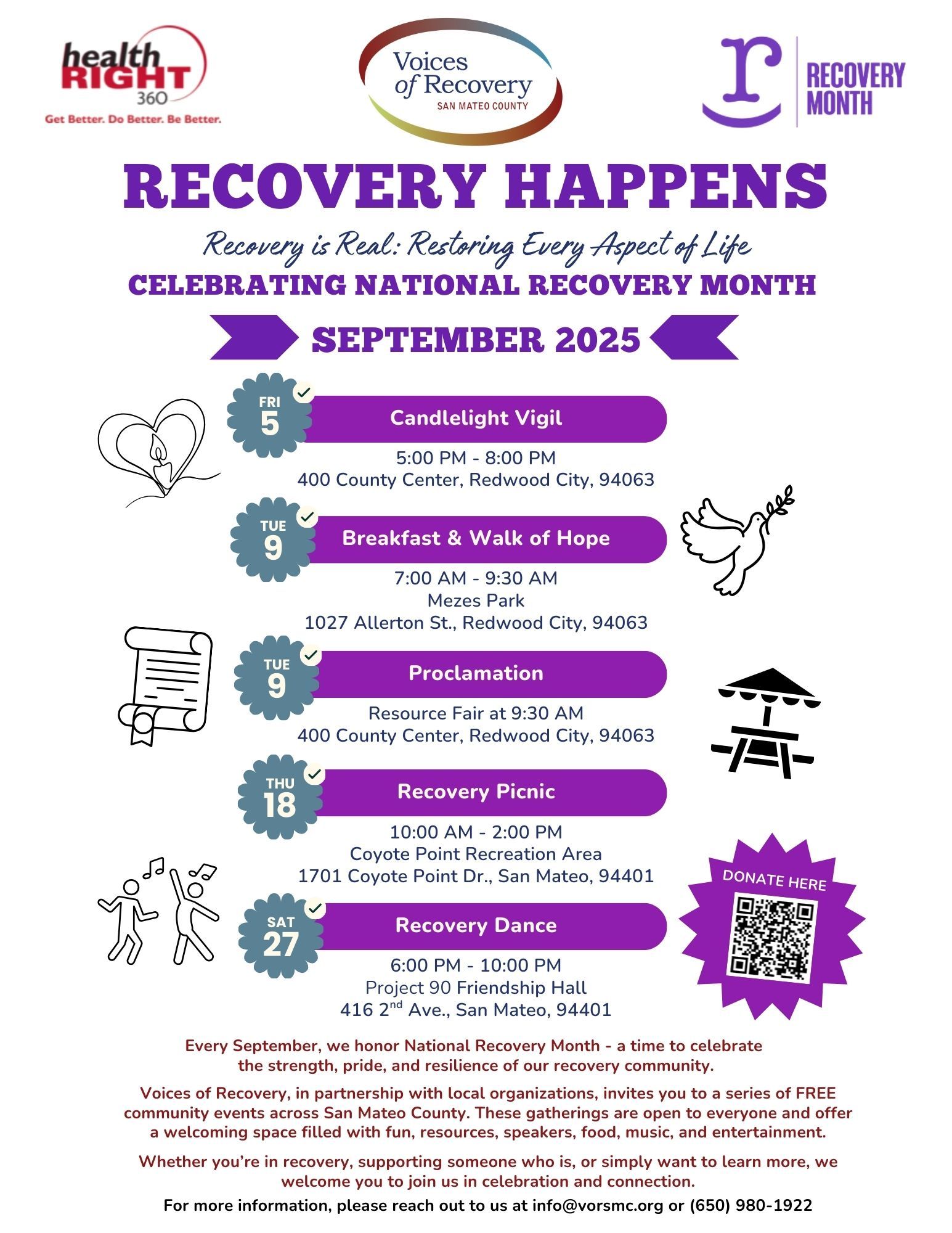 Poster celebrating National Recovery Month with events in September 2025. Purple and white text.