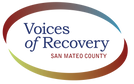 Logo for Voices of Recovery, San Mateo County, within a colorful arc.