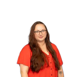Woman with glasses and long brown hair in a red dress smiles in front of a blue textured background.