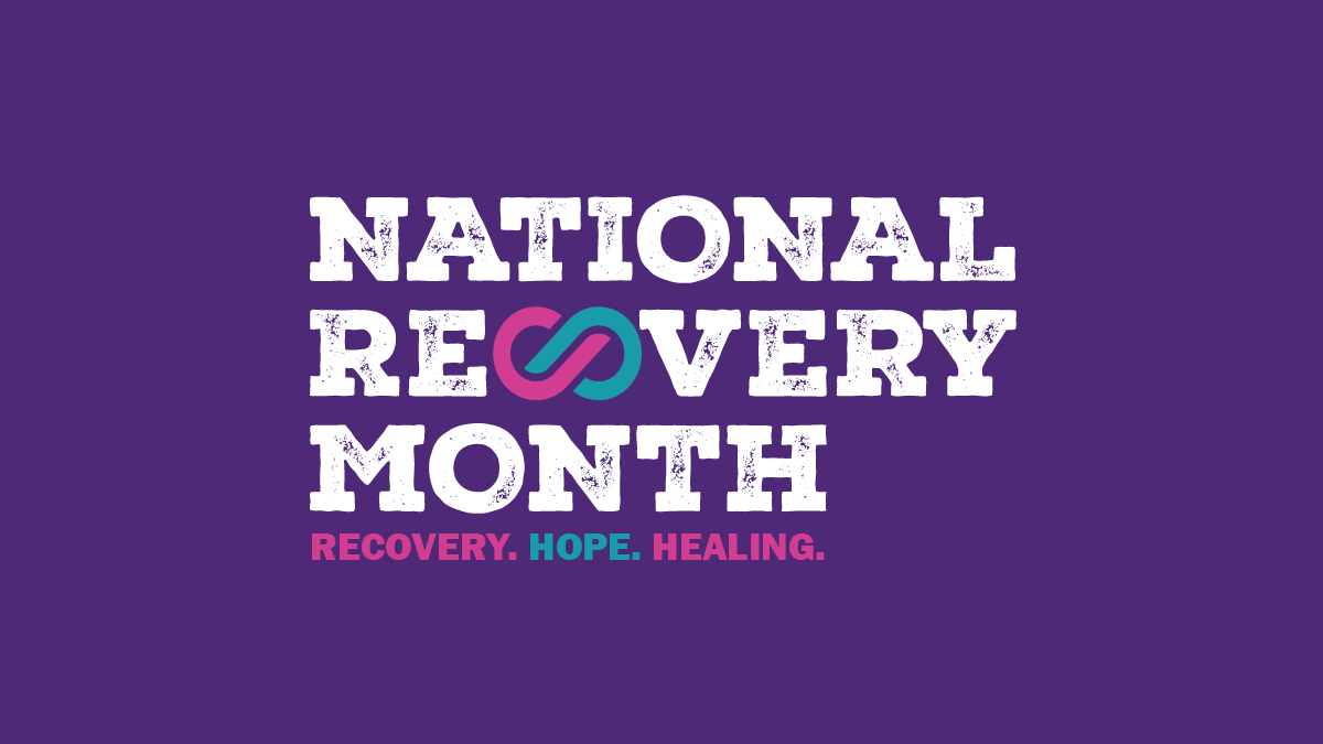 National Recovery Month logo: white text on purple. An infinity symbol is pink and teal. Text reads: Recovery. Hope. Healing.