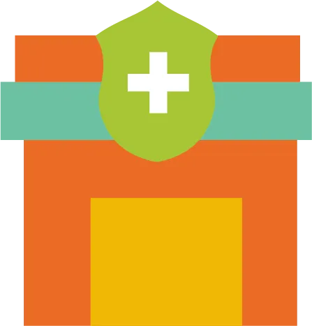 Orange building with green shield containing a white cross, indicating a hospital or clinic.