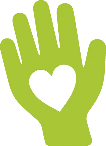 Green hand with a heart cutout.