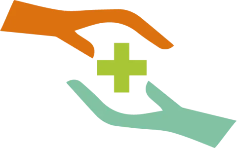 Orange and green hands holding a green plus sign, symbolizing healthcare.