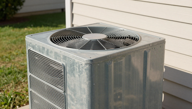 Outdoor air conditioner unit beside a house wall with a visible fan on top