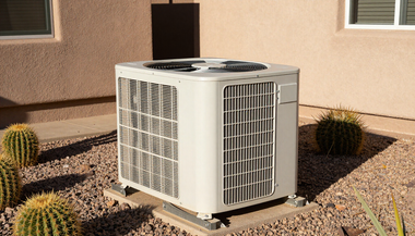 Outdoor HVAC unit on gravel beside a house with desert plants nearby