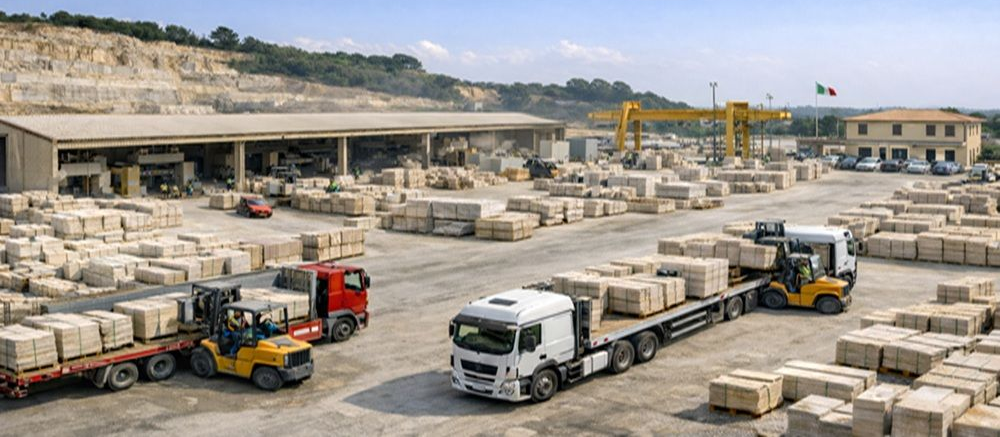 Carrelli elevatori caricano blocchi di pietra sui camion in una cava di travertino. Sono visibili edifici e pile di blocchi.