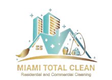 Logo for "Miami Total Clean" with a turquoise building and house outline, cleaning supplies, and gold text.