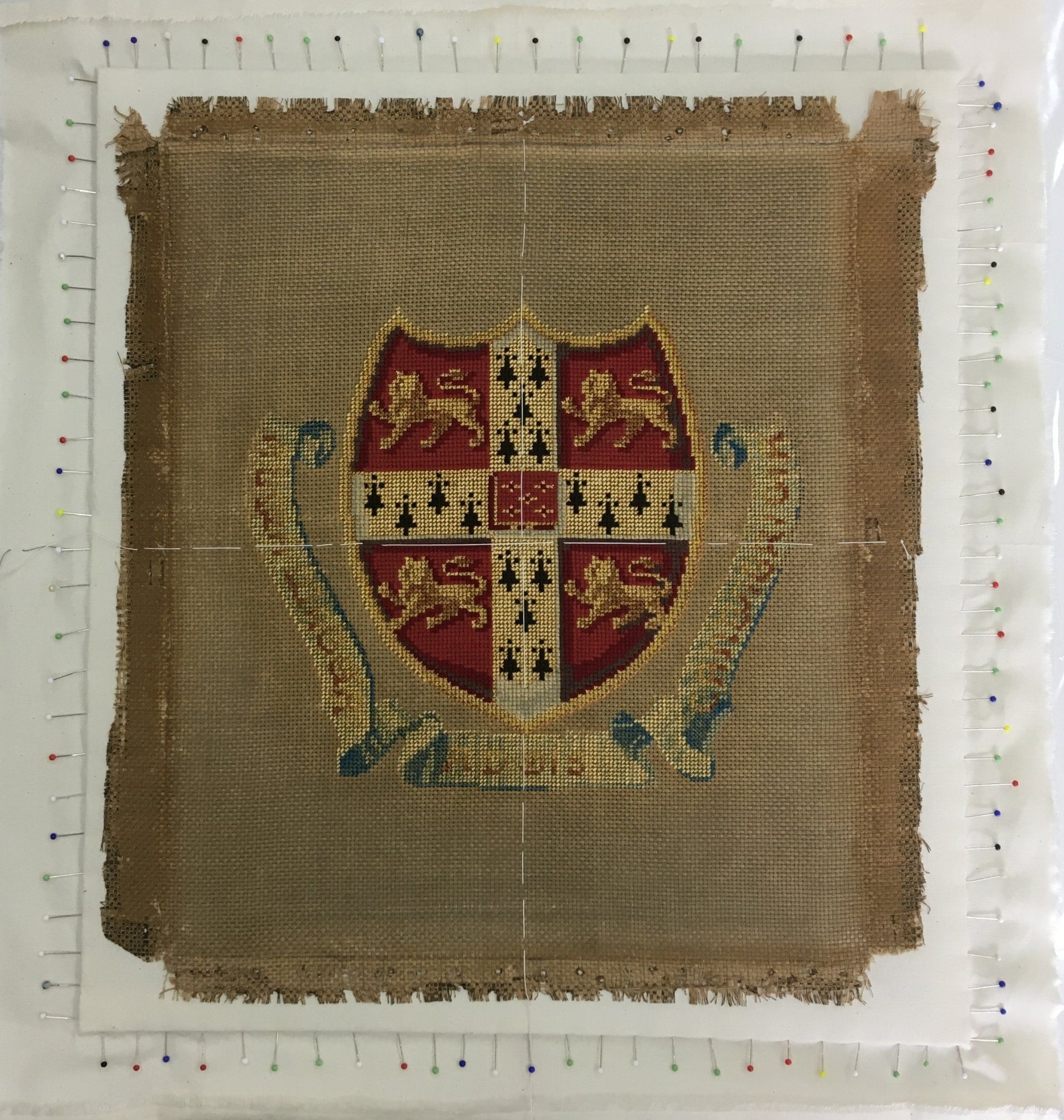 Pinning Onto Calico Before Stitching Cambridge Coat Of Arms
