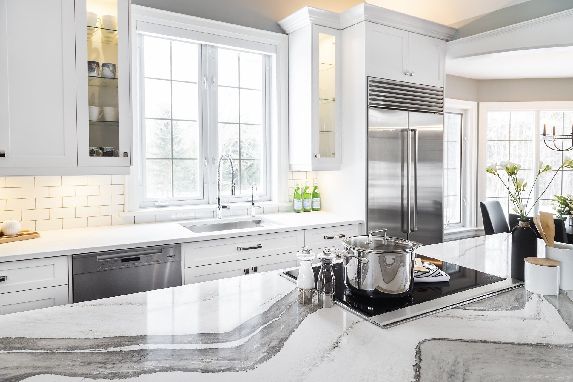 kitchen with white marble countertops