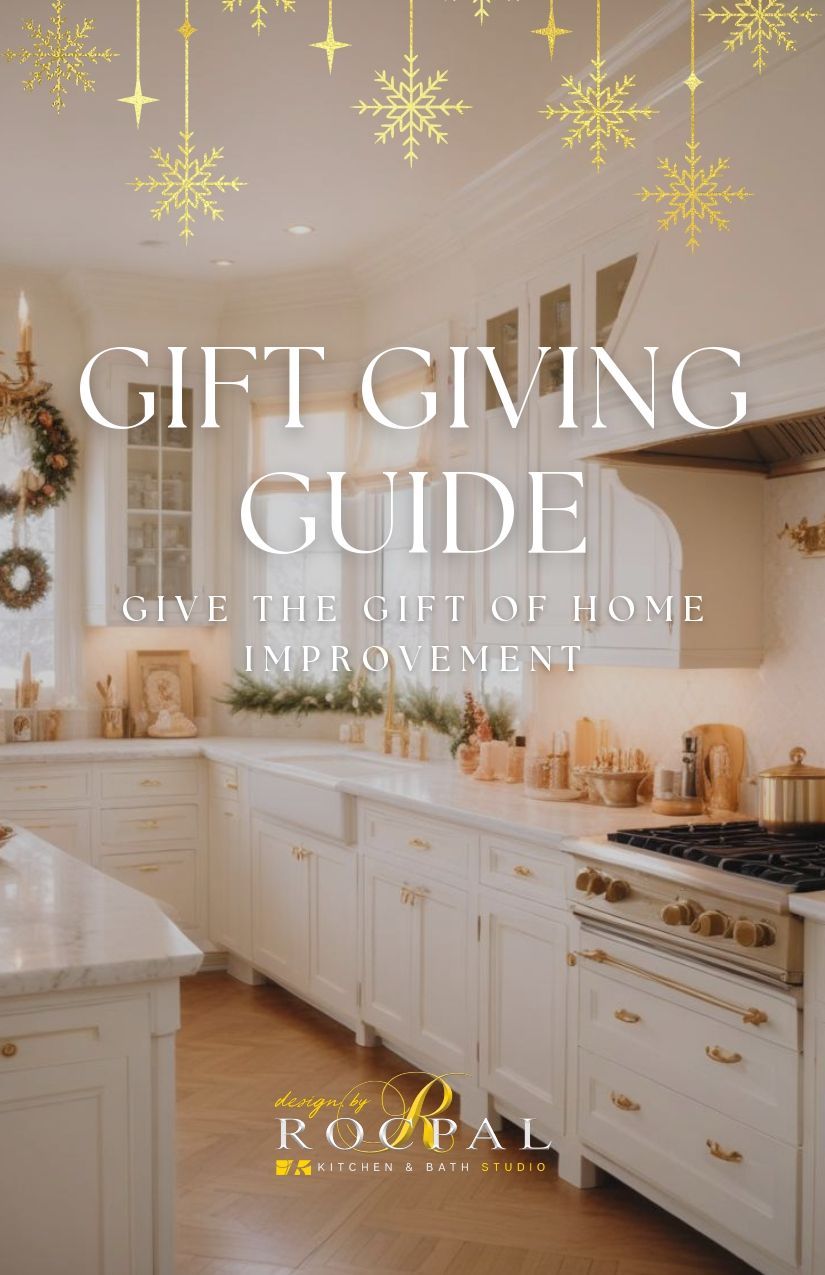 Gift guide cover: Kitchen with white cabinets, text "Gift Giving Guide," and gold snowflakes.