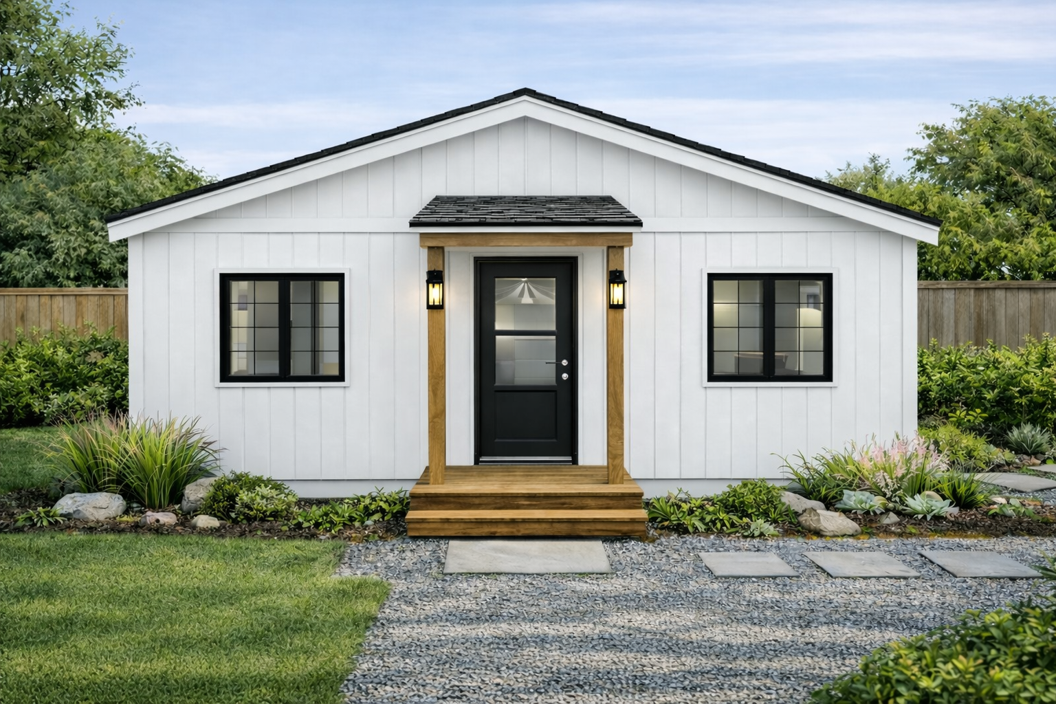 A small house with a garage in the backyard.