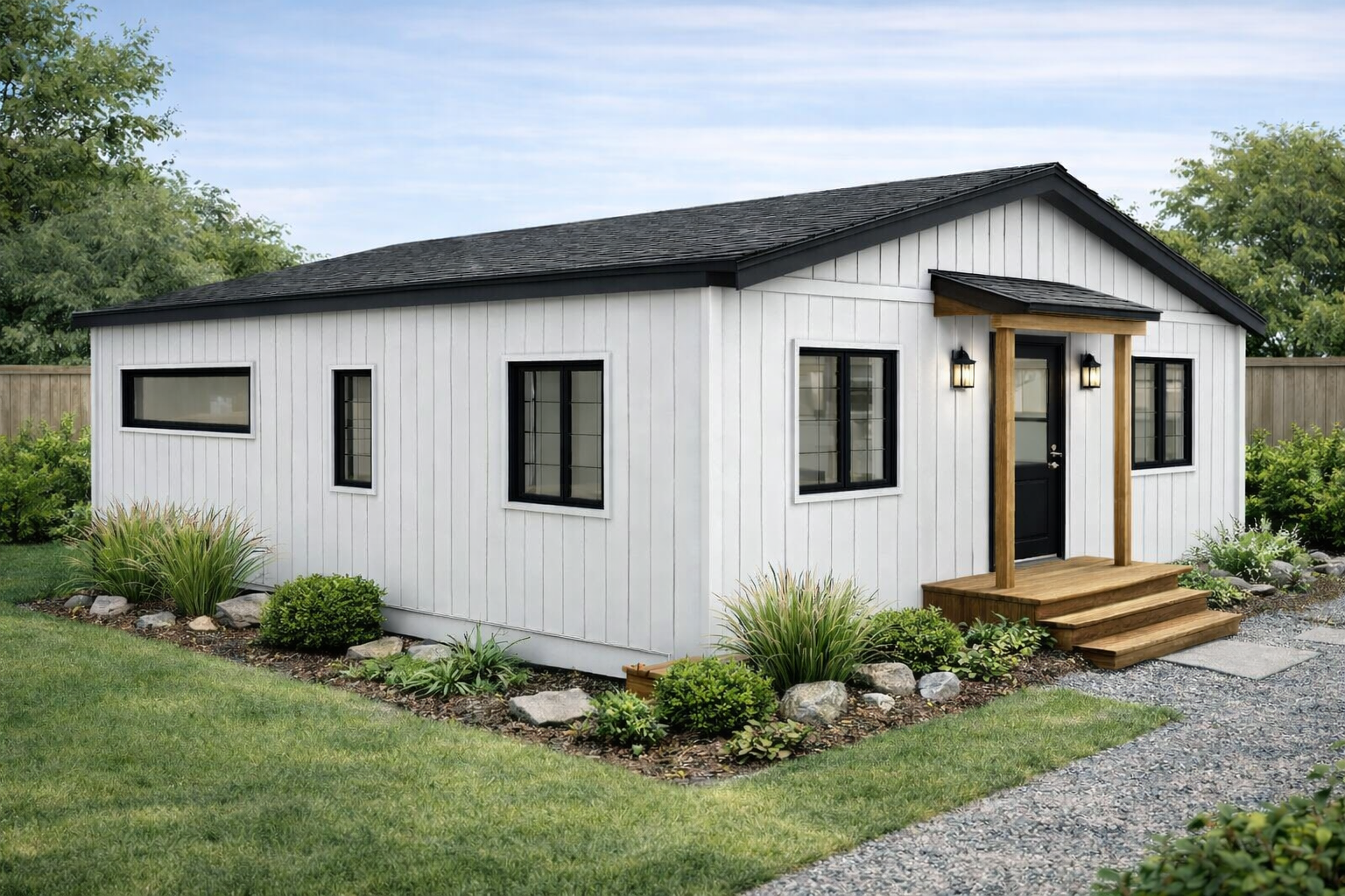 A small house with a red roof is surrounded by flowers and trees