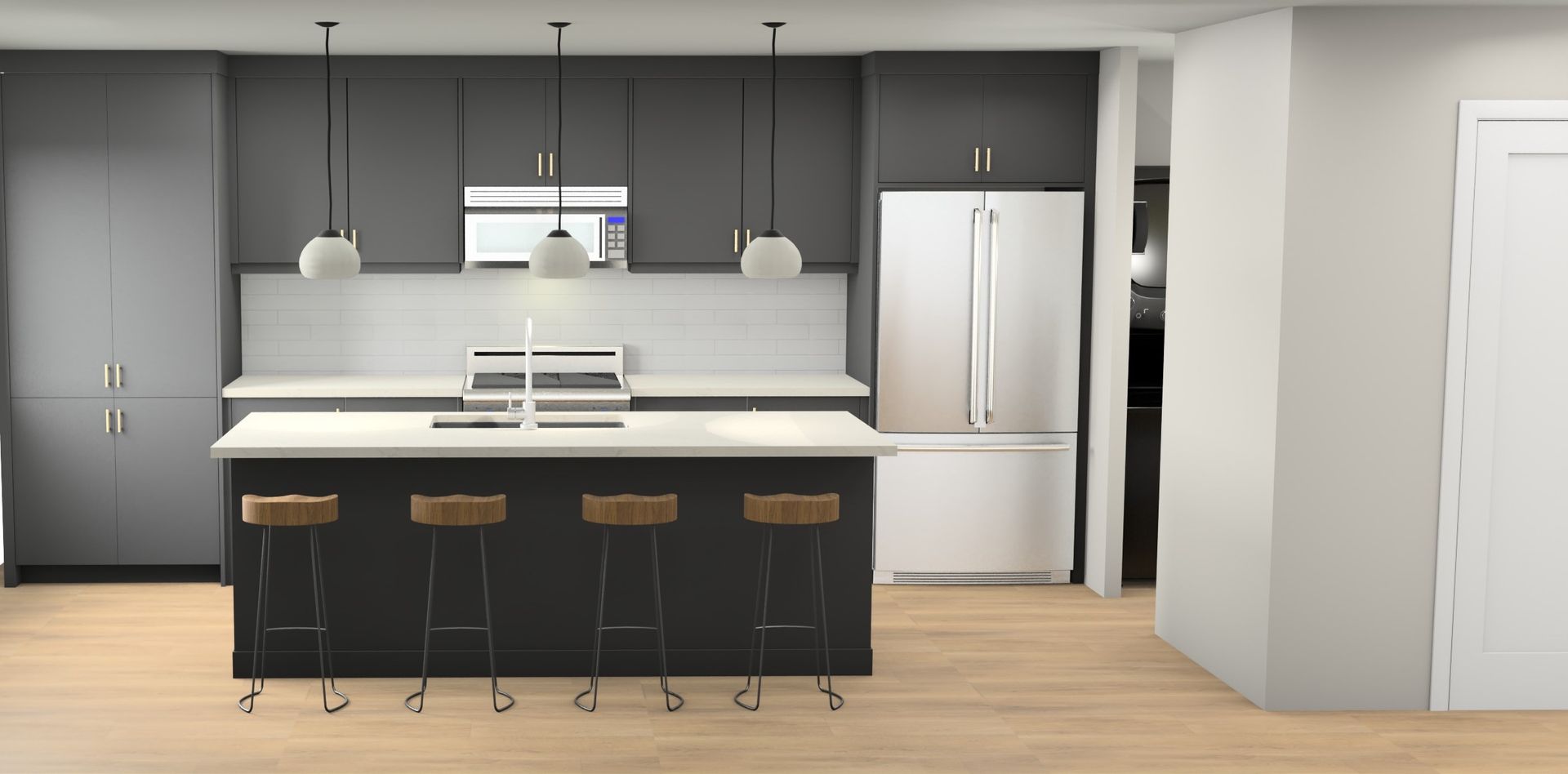 A bicycle is parked in front of a white house.